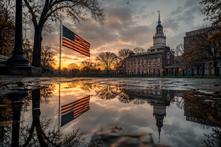 American flag reflected in a rain puddle at sunrise near a historic building, symbolizing reflection as America marks its 250th anniversary.