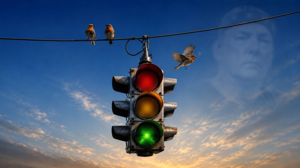 Symbolic traffic light with three birds and a faint image of Neil Peart in the sky, representing Rush's Fifty Something Tour and the band's continuation after his passing.