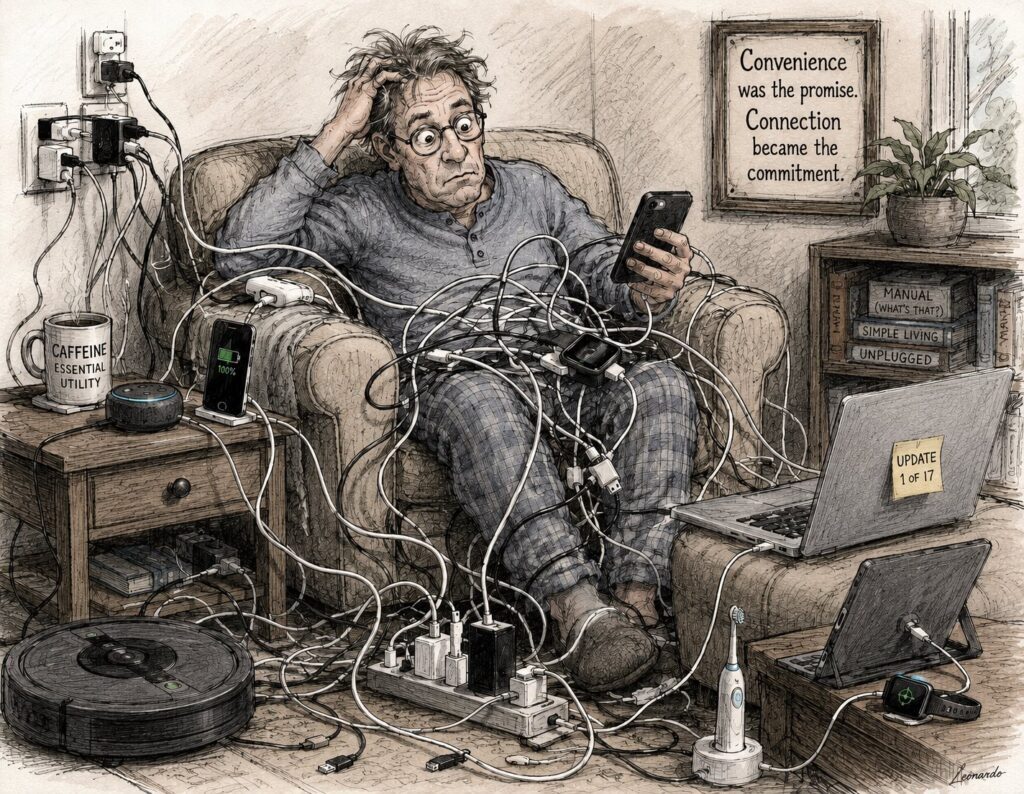 Hand-drawn illustration of a bewildered man surrounded by tangled charging cables and smart devices, humorously depicting modern dependence on technology and devices of convenience.
