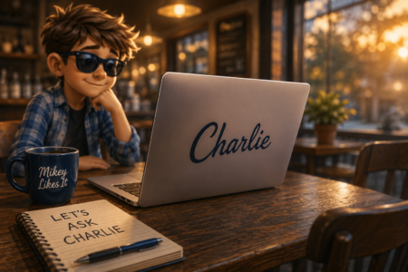 Cartoon Mikey sitting in a cozy café across from a laptop displaying the name "Charlie," preparing for an interview with ChatGPT.