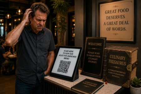 Restaurant customer looking confused while reading a QR code menu promoting a "verbally enhanced" culinary journey.