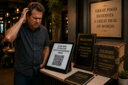 Restaurant customer looking confused while reading a QR code menu promoting a "verbally enhanced" culinary journey.