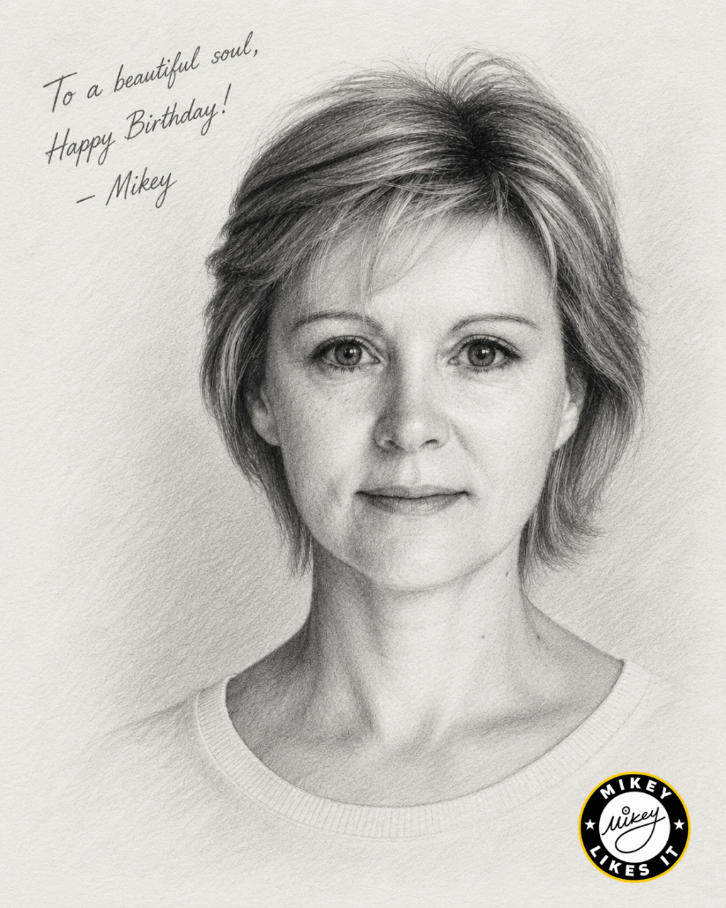 Black-and-white sketch of the wife of a friend to Mikey, used as A Birthday Favor