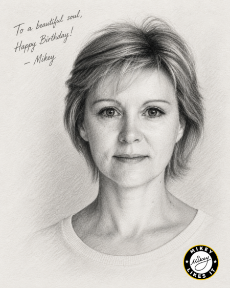 Black-and-white sketch of the wife of a friend to Mikey, used as A Birthday Favor