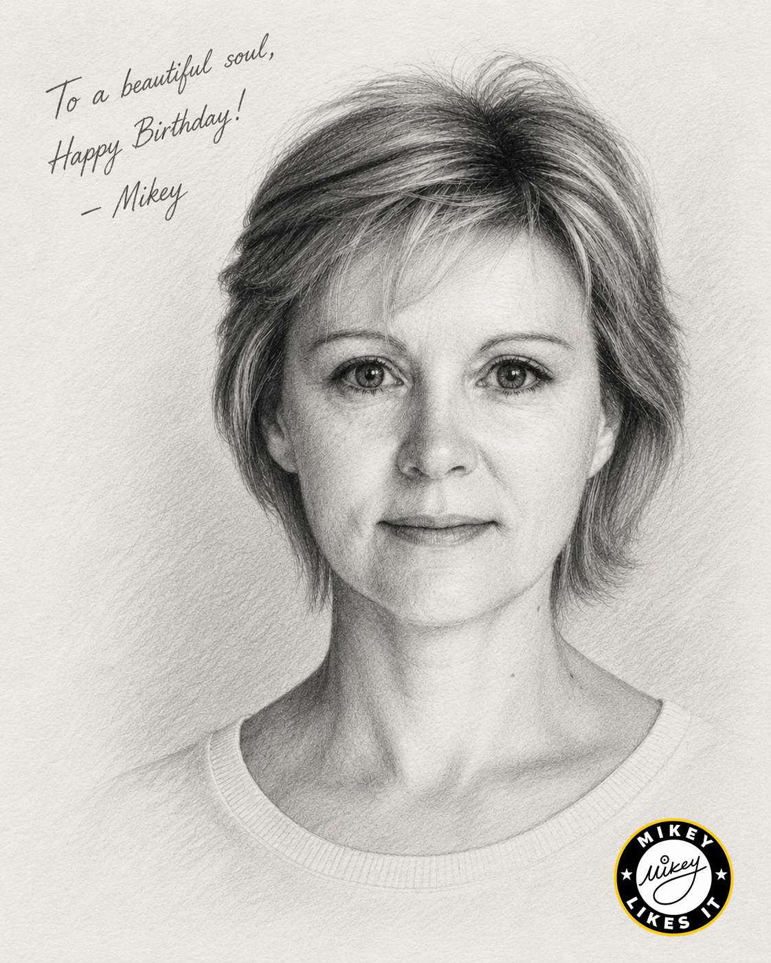 Black-and-white sketch of the wife of a friend to Mikey, used as A Birthday Favor