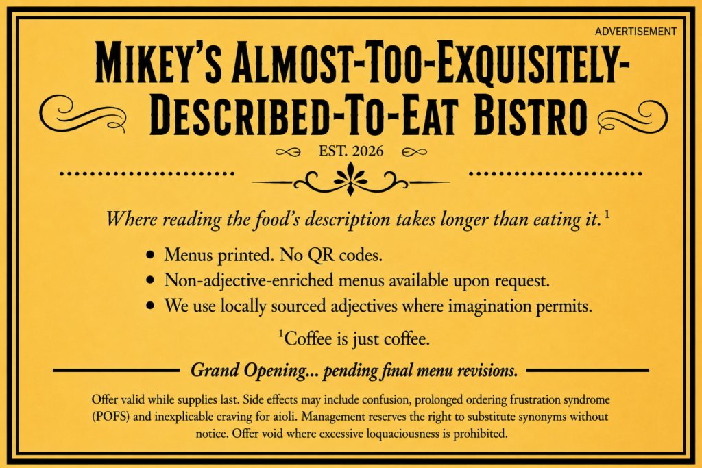 Mock advertisement for Mikey's fictional upscale bistro featuring exaggerated menu descriptions and a humorous restaurant slogan.