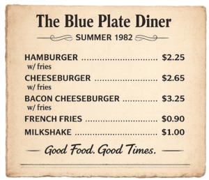 Vintage Blue Plate Diner menu from 1982 showing simple meal descriptions and modest prices.