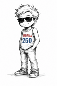 Pencil sketch of Mikey wearing sunglasses and an "America 250" tank top.