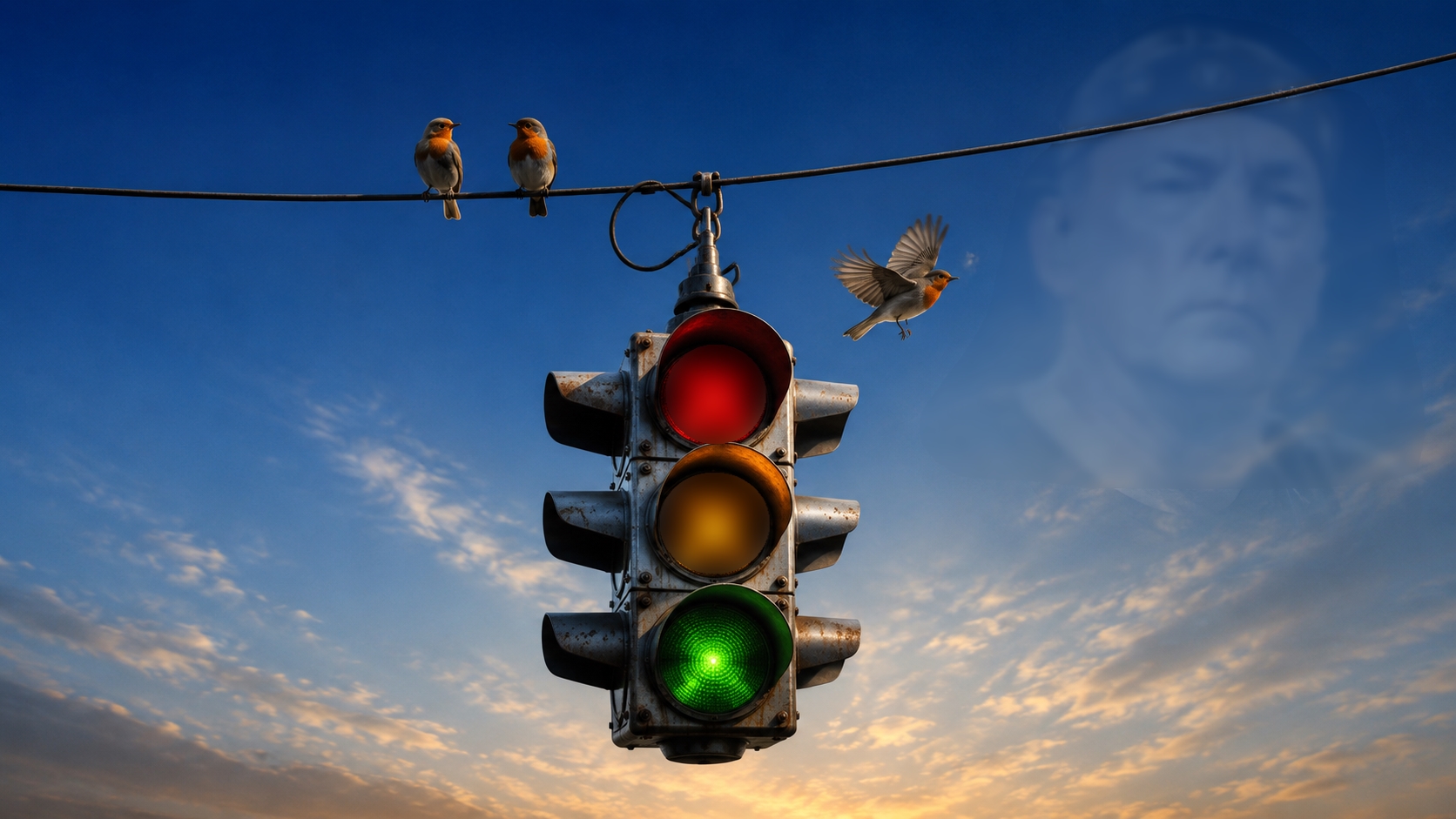 Symbolic traffic light with three birds and a faint image of Neil Peart in the sky, representing Rush's Fifty Something Tour and the band's continuation after his passing.
