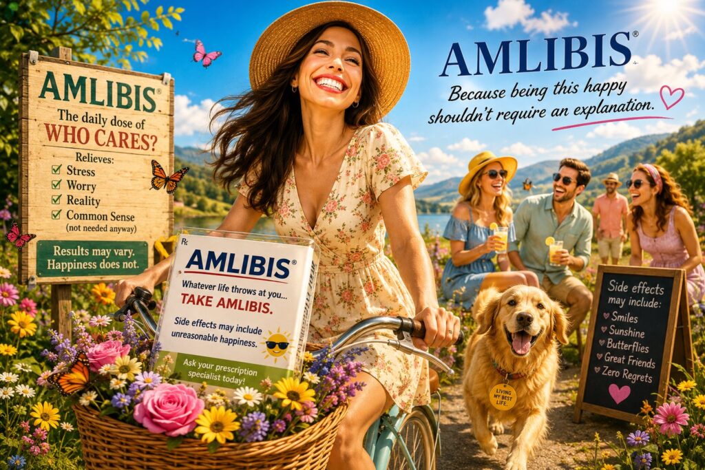 Smiling woman riding a bicycle through flowers with friends and a golden retriever in a parody AMLIBIS pharmaceutical advertisement.
