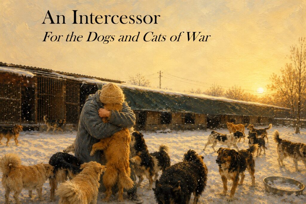 Painterly illustration of Ukrainian animal rescuer Svetlana embracing a rescued dog at the Gift a New Life Animal Shelter in snowy Vinnytsia, surrounded by dogs.