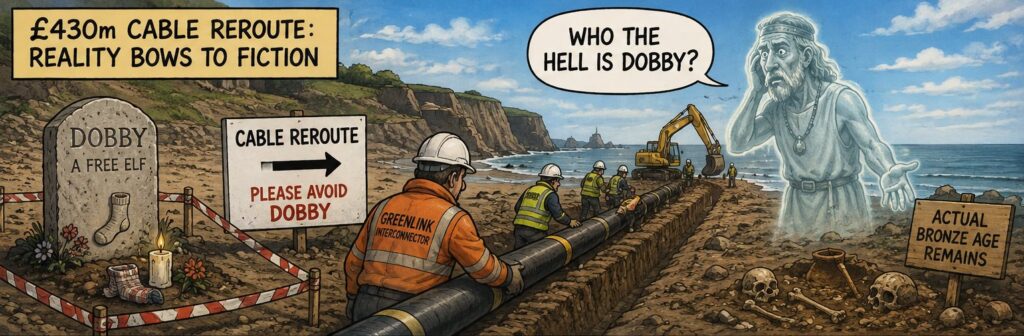 Satirical cartoon of workers rerouting a cable around Dobby's fictional grave as a Bronze Age ghost asks, “Who the hell is Dobby?”