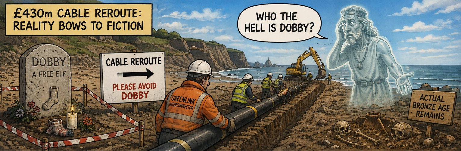 Satirical cartoon of workers rerouting a cable around Dobby's fictional grave as a Bronze Age ghost asks, “Who the hell is Dobby?”