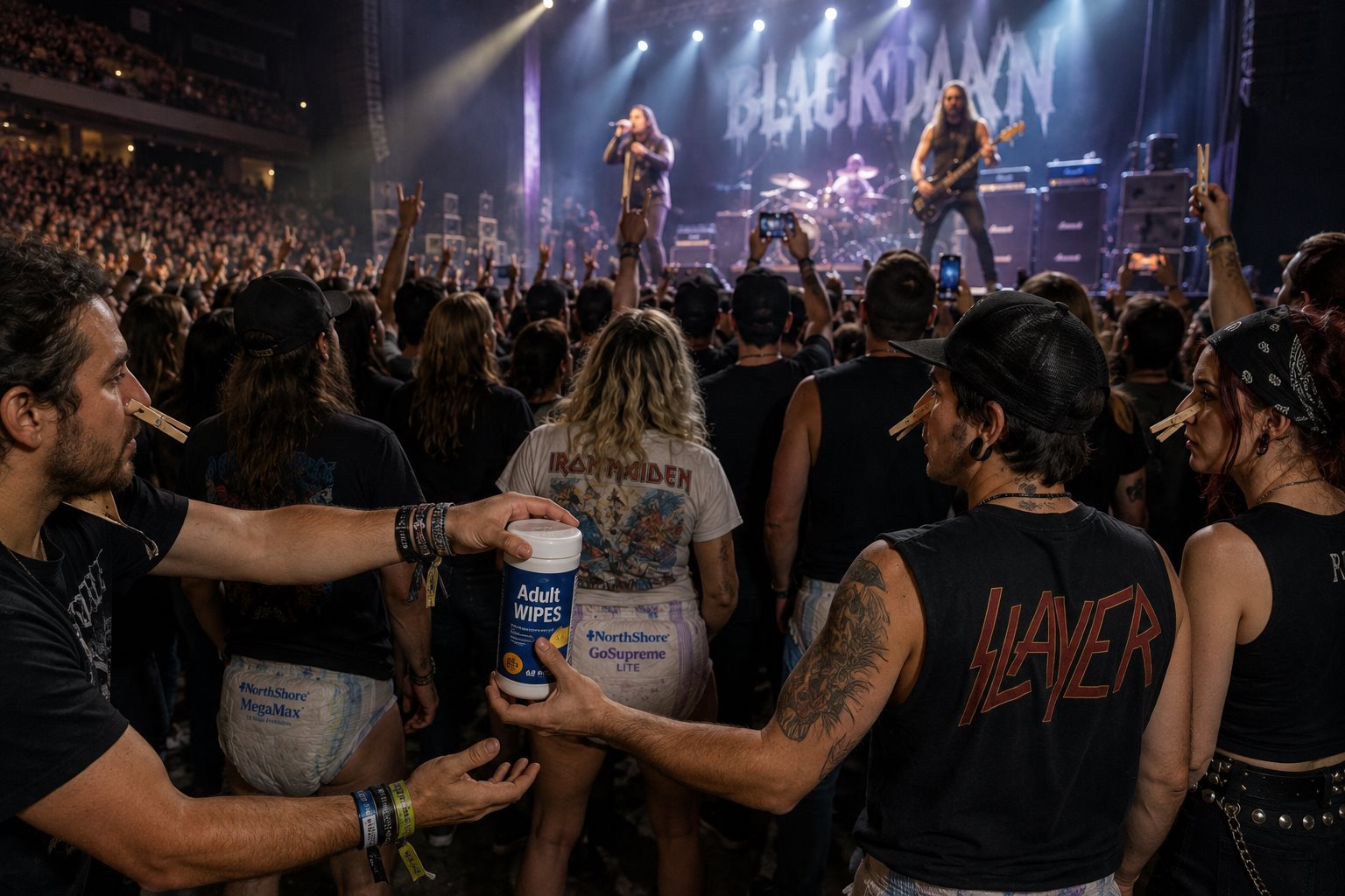 Concert crowd near the stage passing a container of adult wipes while several attendees wear clothespins on their noses.