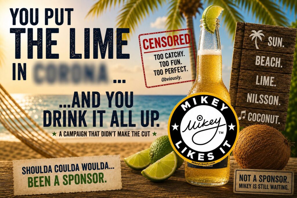 Satirical tropical beer ad with lime, coconut and Mikey Likes It logo for the Corona commercial that never was.