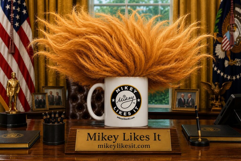 A slightly incorrect image of the MLI logo cup on a presidential looking desk with flowing hair added to the cup in the style of the current Trump Hair meme.