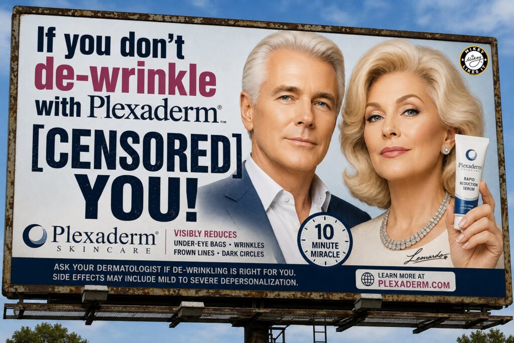 Satirical Plexaderm billboard featuring a wrinkle-free older couple and the line “If you don’t de-wrinkle with Plexaderm… [CENSORED] YOU!”