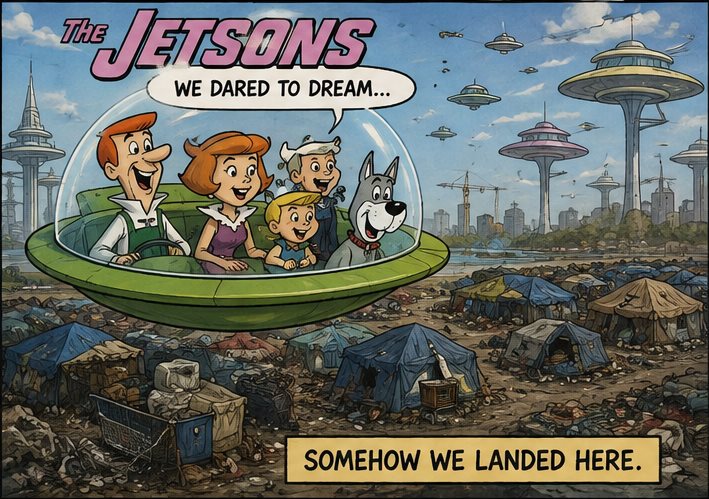 Satirical cartoon contrasting the futuristic world imagined by The Jetsons with the reality of a modern homeless encampment.