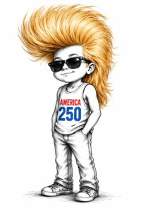Mikey wearing sunglasses and an America 250 tank top with an enormous windswept blond-orange hairstyle.