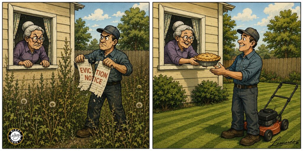 Man tears up an eviction notice before helping an elderly woman mow her overgrown lawn.