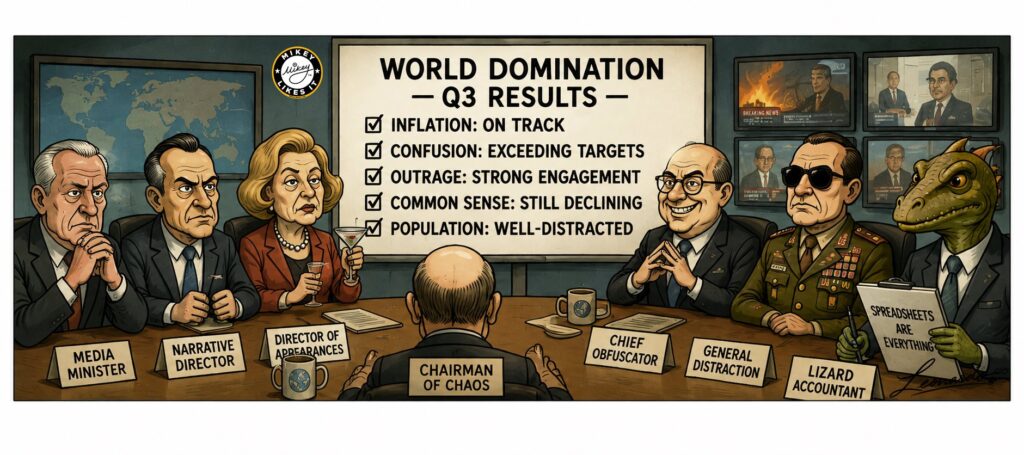 Satirical World Domination Q3 Results meeting with powerful figures and a lizard accountant.