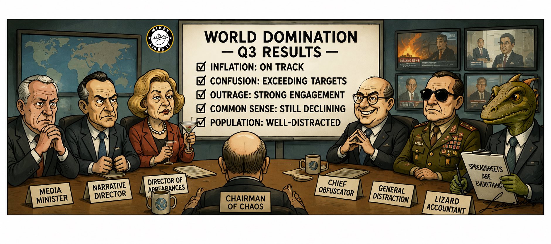 When You Can't Beat Them Satirical World Domination Q3 Results meeting with powerful figures and a lizard accountant.