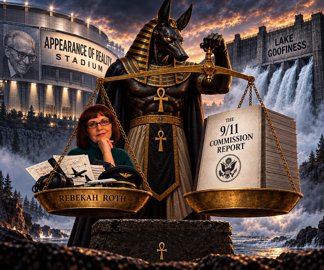 Anubis holding scales weighing Rebekah Roth against the 9/11 Commission Report, with Lake Goofiness and Appearance of Reality Stadium in the background.