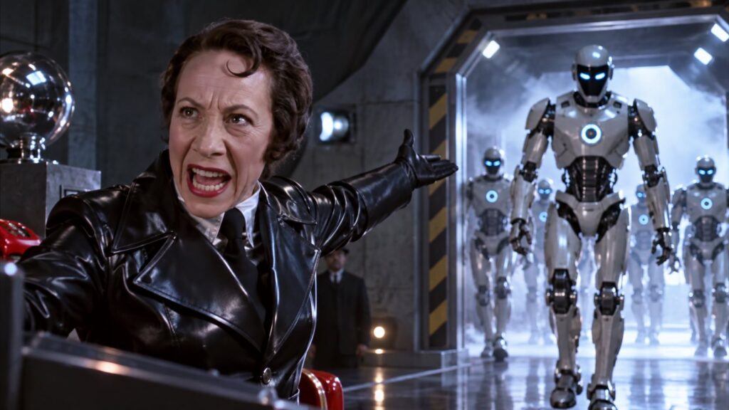 Frau Farbissina shouting as a group of AI robots enters the room.