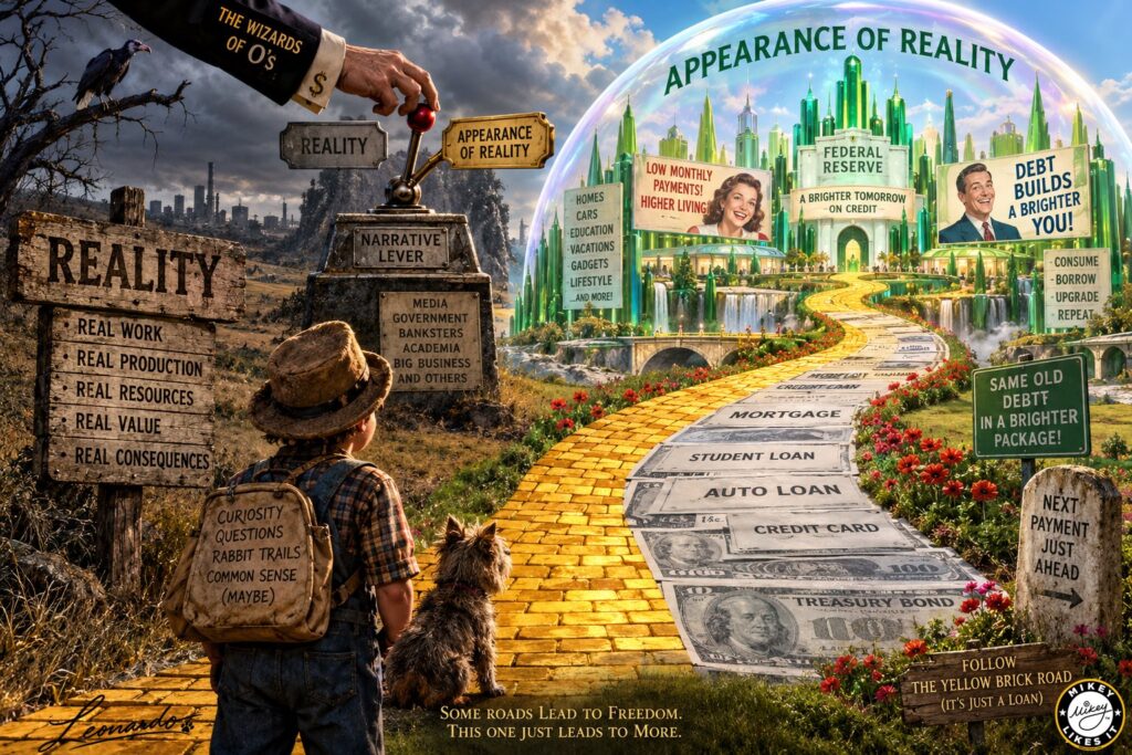 A Yellow Brick Road transforms into debt instruments as it leads toward a glittering Appearance of Reality, with a lever switching between reality and its illusion.