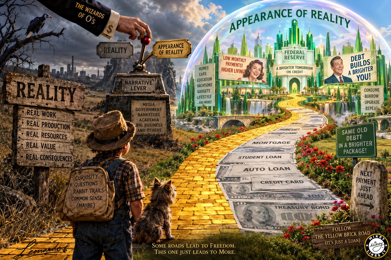 A Yellow Brick Road transforms into debt instruments as it leads toward a glittering Appearance of Reality, with a lever switching between reality and its illusion.